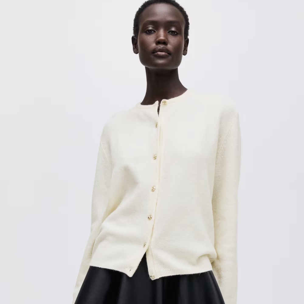 H&M XL Cream Gold Tone Button Front Fine Knit Wool Blend Cardigan